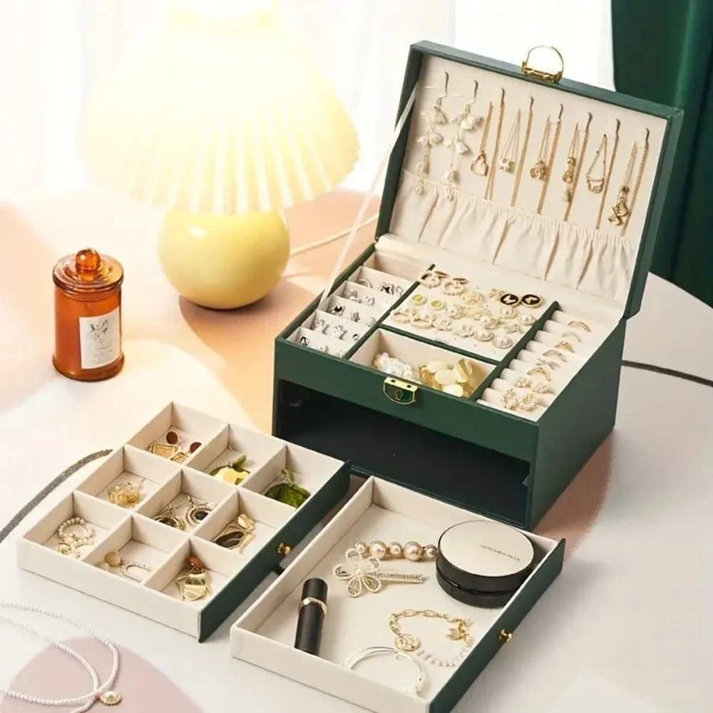 3 Layer PU Leather Soft‎ Lining Jewelry Box, Large Organizer for Women Green US